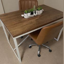  Table Desk-Wood (faux) Top And Metal Legs (strong) With 2 Leather Chairs- Or Kitchen Dinning 45 X 30 X 30