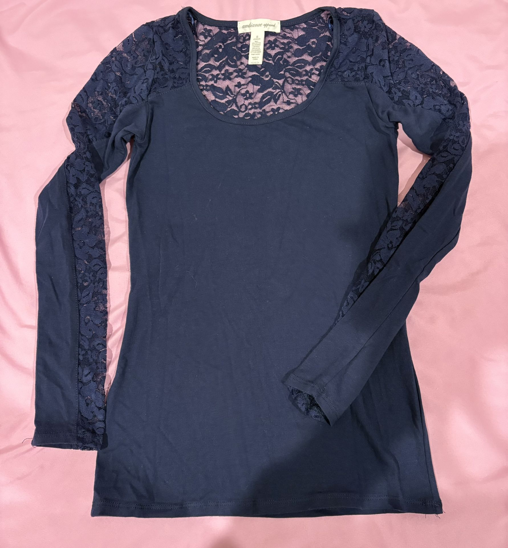 Lacy Long Sleeve Top Navy Size S