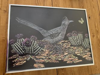 Framed Bill Bernard Scratchboard Roadrunner Art 12x16