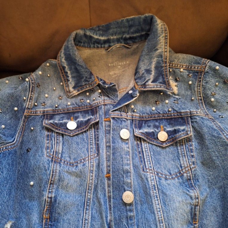 Brand New Jean Jacket with pearls and silver decor