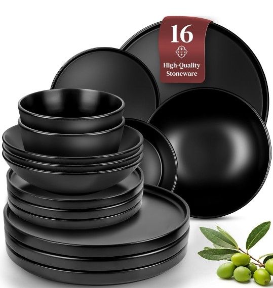 Brand New 16 piece Matte Black Dinnerware Set - Ultra Chic Black Stoneware Dinnerware Sets for 4. Matte Black Plate Set - Dishwasher and Microwave Saf