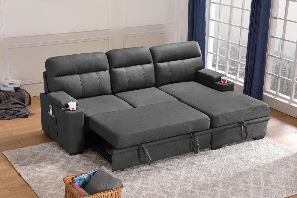 GRAY FABRIC SLEEPER SECTIONAL SOFA CHAISE W STORAGE ARMS&CUPHOLDERS REGULAR PRICE $1069