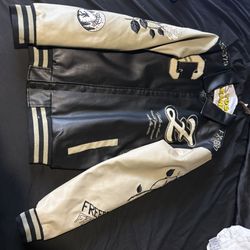 Ring of Fire Vegan Leather Varsity Jacket - Men’s Large - Black/Cream