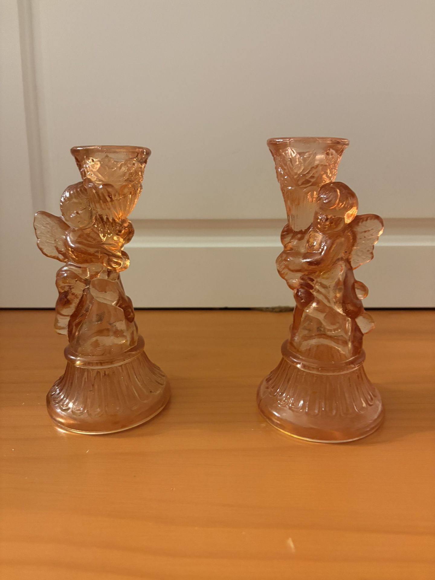 2 pcs set Pink Depression Glass Candleholders Cherubs 6 1/4” High