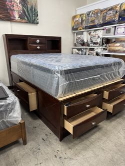BRAND NEW Bed With Storage, Queen Platform Bed Frame , Headboard w/ Built In Shelves