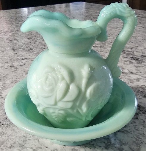 Vintage AVON Perfume Bottle Blue/Green Marbled Milk Glass Pitcher Soap Dish