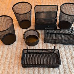 set of black metal mesh office desk organizers. 7pcs set