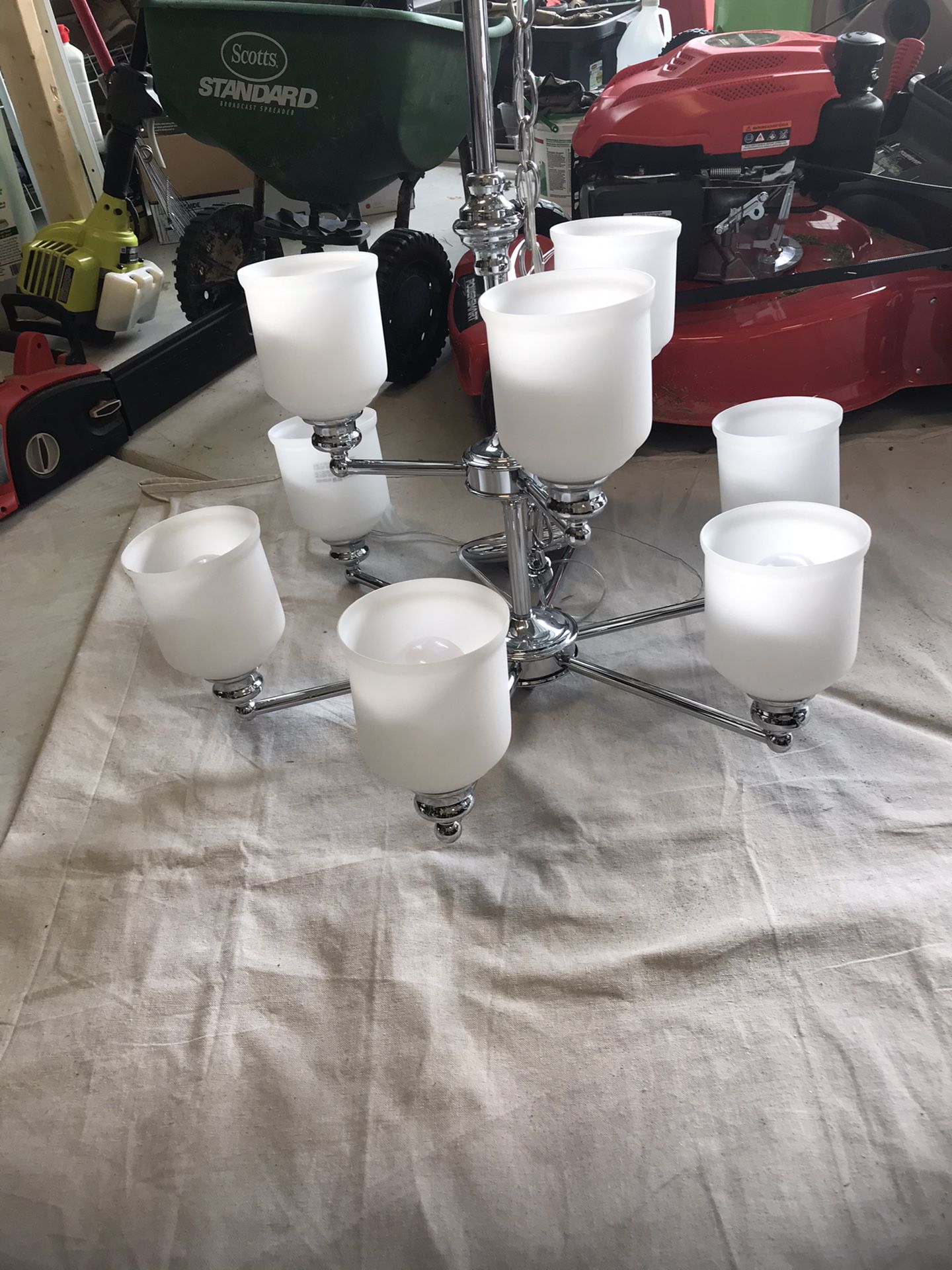 New large 9 light chandelier white glass and silver finish