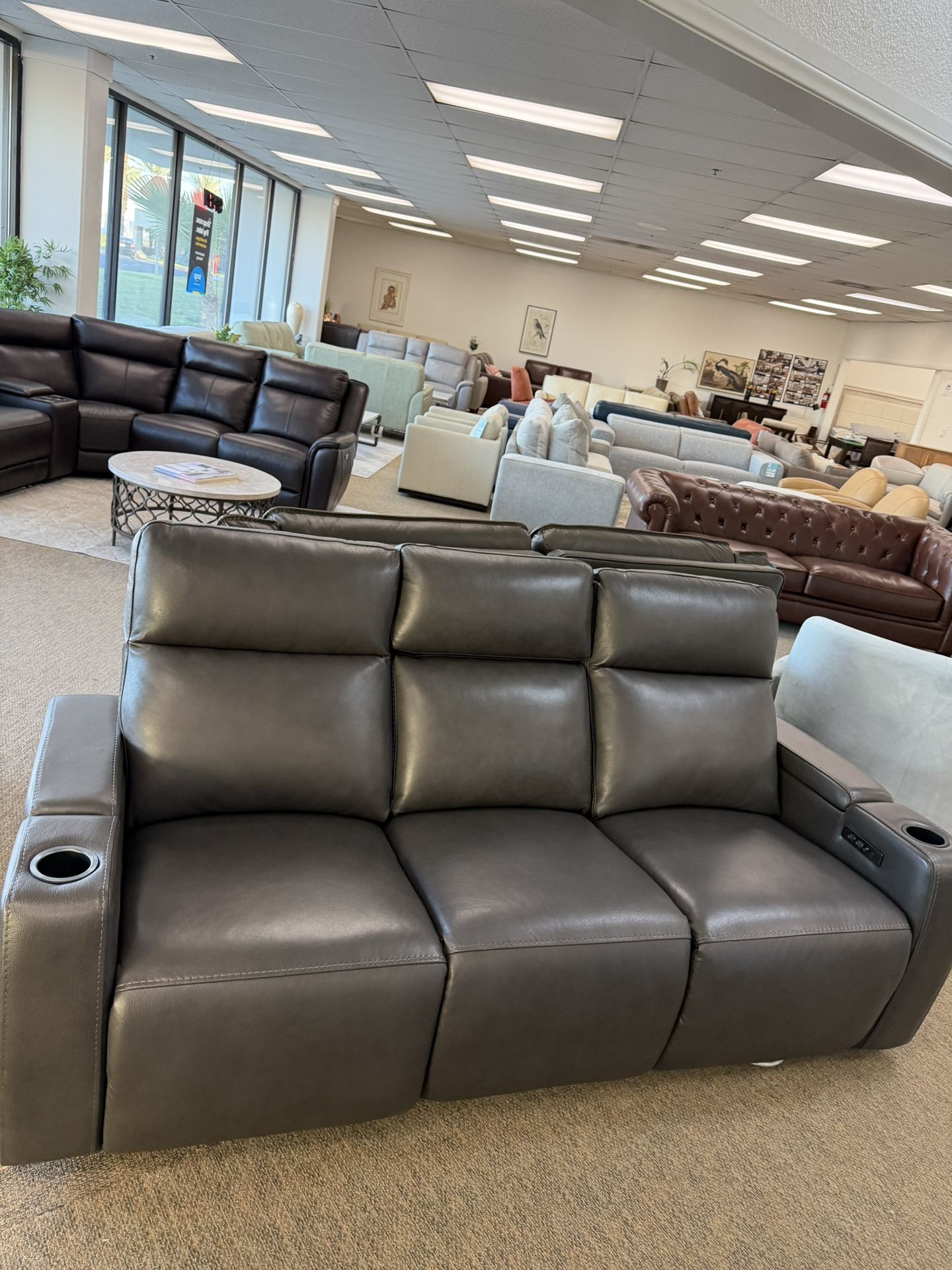 Leather Sofa With Two Power Recliners-Greymel