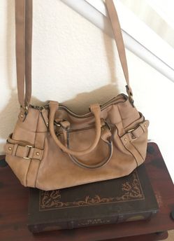 Merona Satchel with shoulder/cross-body strap in whiskey color.