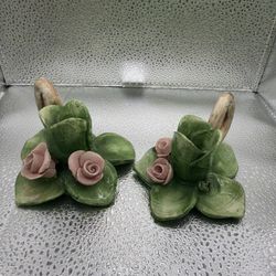 Pair Vintage Capodimonte Italian Porcelain Flower Candle Holder candlestick