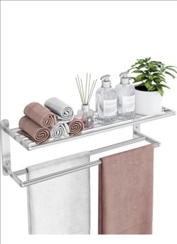 VOTZAAQ Towel Racks for Bathroom - 24 in Bath Towel Shelf with Double Towel Bar, Stainless Steel Towel Storage for Lavatory Wall Mounted, 2-Tier Towel