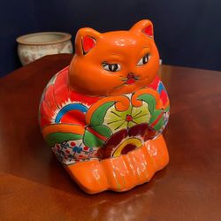 Authentic Talavera Fat Cat Planter – Hand-Painted Mexican Pottery