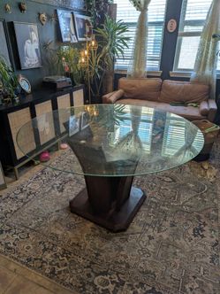 Espresso Round Table with Beveled Glass Top and Wood Flared Base