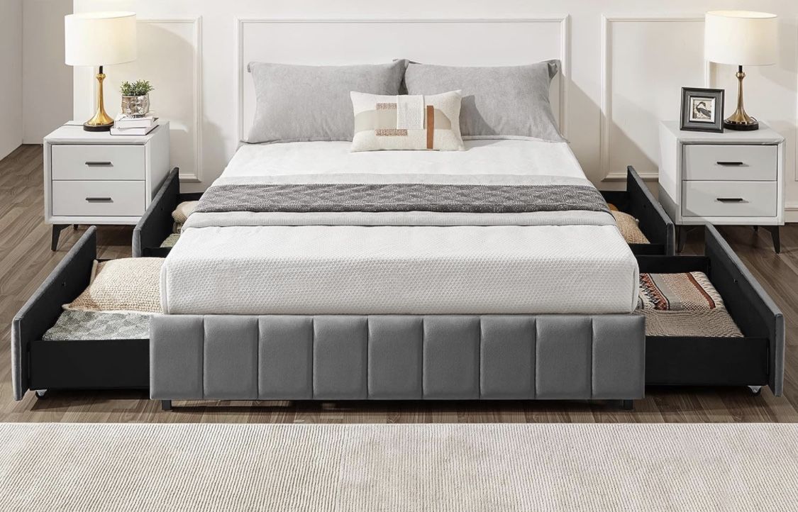 Full Size Bed Frame Upholstered Platform Bed with 4 Storage Drawers