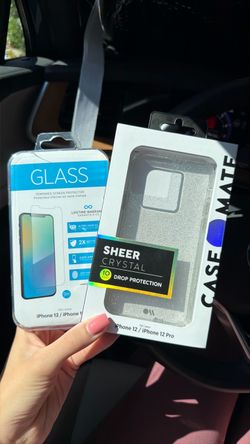 *Brand New* Case Mate iPhone 12/12 pro clear shimmer phone case (10ft drop protection) & tempered glass screen protector