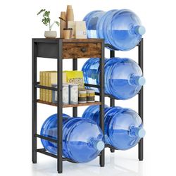  5 Gallon Water Jug Holder, 4 Water Bottle Holder Slots with 2-Layer Storage Shelves, Water Jug Stand with Drawer, Water Bottle Organizer, for Home, O