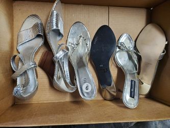 See 5 pictures  silver Wood sandles clear with rhinestones  woman shoes size 8.5/9 $5 each