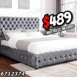 Queen Size Grey European Bed With Orthopedic Mattress 