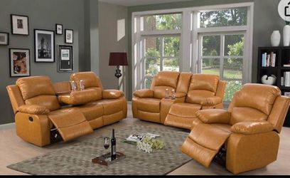 Carmel leather fully reclining three piece couch set