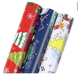 Brand New Christmas Wrapping Paper Rolls -3 LARGE ROLL-27inch*78 inch per roll Colorful Foil Red White Blue wrapping paper(Christmas White/Red/Blue