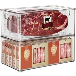 Hudgan 2 Pack Deep Freezer Organizer Bins, Straight Side Stackable Chest Freezer Storage Bins, Pantry organizers and Storage, Food-Grade Plastic