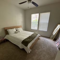 Bed frame, Mattress, Nightstand, and Mirror 