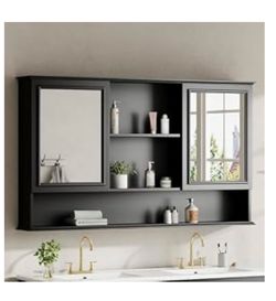 Merax 60x35 Inch Medicine Cabinet with Mirror, Wall-Mounted Wood Bathroom Storage Cabinet with Adjustable Shelf and 2 Doors