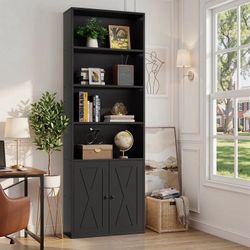 Black Bookcase with 4 Shelves and Bottom Cabinet