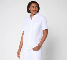 Denim & Co. Knit Gauze Button Front Short Sleeve Collared Top White, Size Small