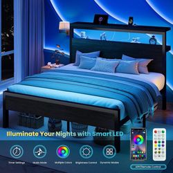 Queen Bed Frame, 2-Tier Storage Headboard, LED, Charging Station Wood Metal Platform with Footboard, No Box Spring Needed, Noise-free, Under Bed Stora