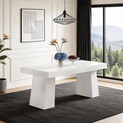 55" White Modern Dining Table, Mid-Century Wood Rectangular Dining Table with Double Trapezoid Base.