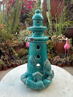 Teal Ceramic Lighthouse Candle Holder