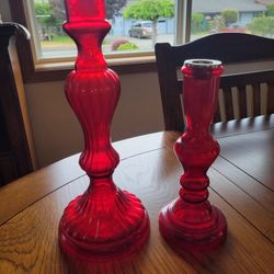 2 BEAUTIFUL CLEAR  RED GLASS CANDLE HOLDERS.  IN EXCELLENT CONDITION.
