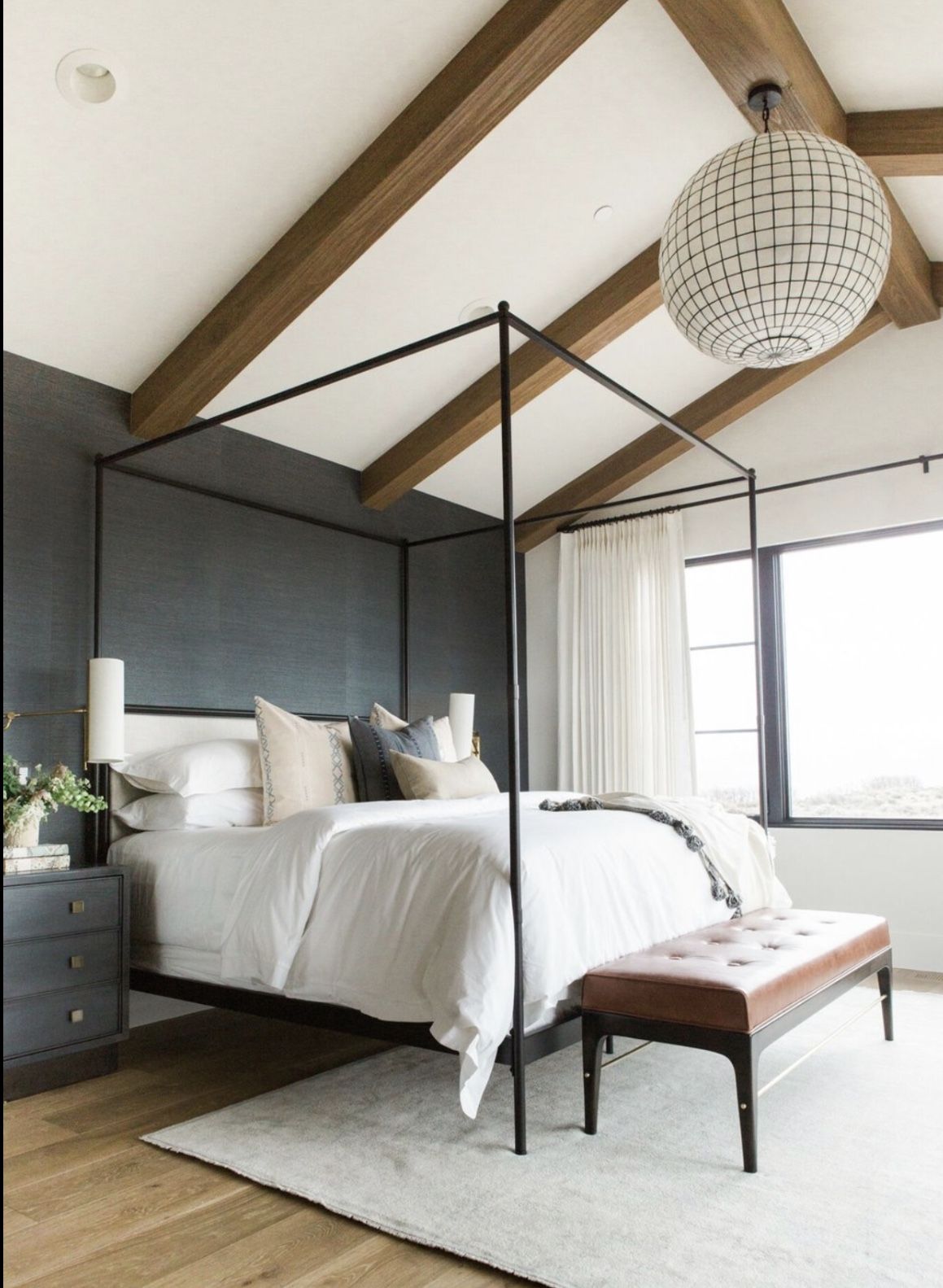 RESTORATION HARDWARE LINEN & BLACK IRON CANOPY BED