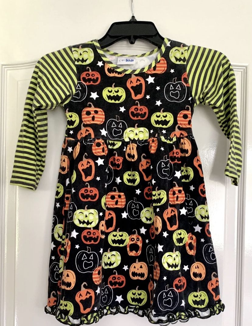 CWD Kids Halloween Costume Girl's Pumpkin Lantern Print Dress 5-6 Ruffle Spooky