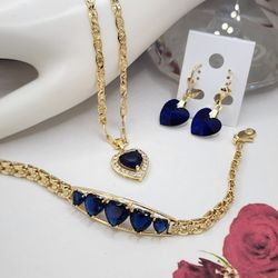 Mother's Day Gift Set Chain Bracelet Earrings Blue Color Hearts 