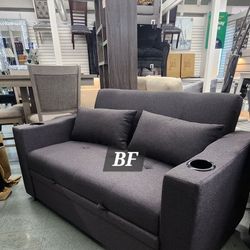 Sofa Bed , Pull Out Bed, Grey Fabric, Cupholders On Armrests, Solid Wood, Others. Accent Pillows Included. 59"x34"-70"x33"h.  New Especial Price