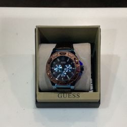 GUESS Watch Copper Bezel / Brown Leather Strap / Blue plated stainless steel case / Brown Dial W0674G5