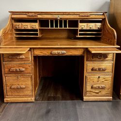 Roll Top Wood Desk with locking Roll Top & File Drawer