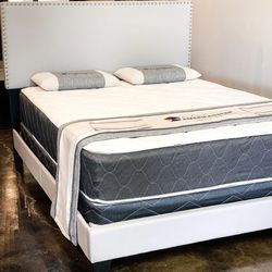 Brand New Full Size Beige Nailhead Bed Frame With New Mattress/Fast Delivery