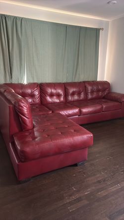 Large Burgundy Leather L-Shaped Sectional Sofa