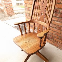 Vintage Oak Rolling, Swivel, Windsor-Style, Office Arm Chair