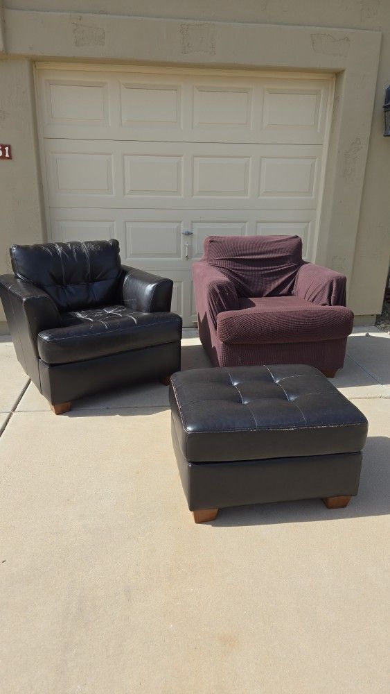 Leather Chairs, Ottoman, Dark Brown