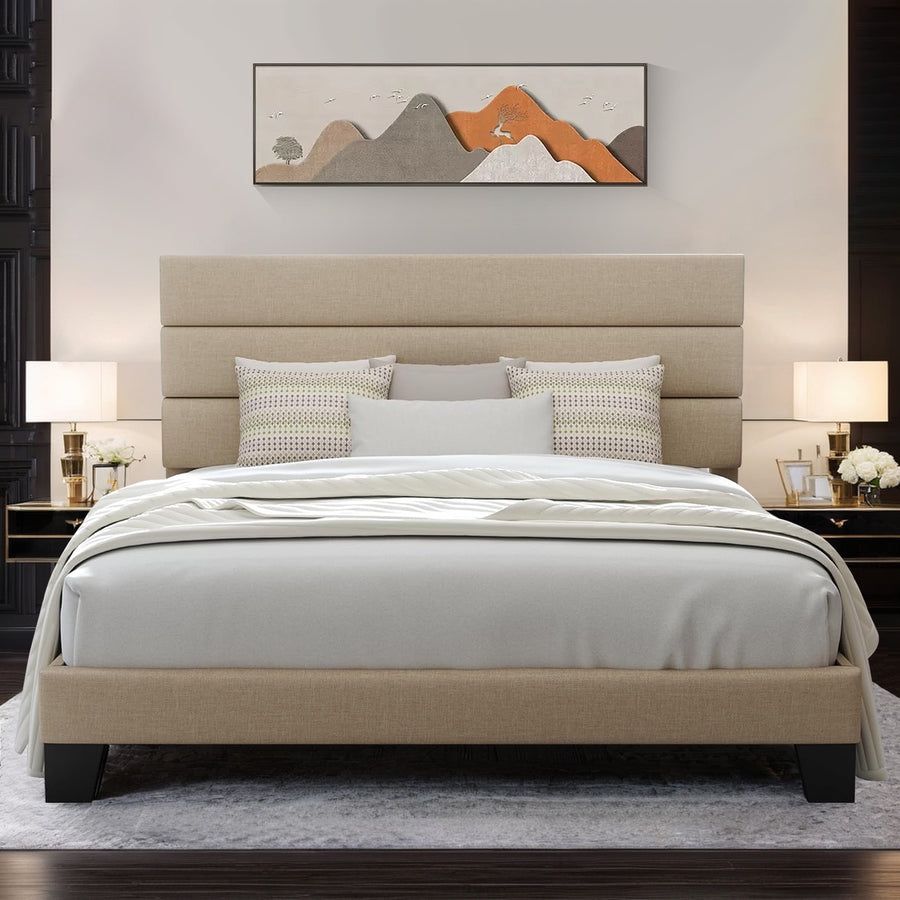 Queen Platform Bed Frame with Fabric Upholstered Headboard and Wooden Slat Support, No Springs Required