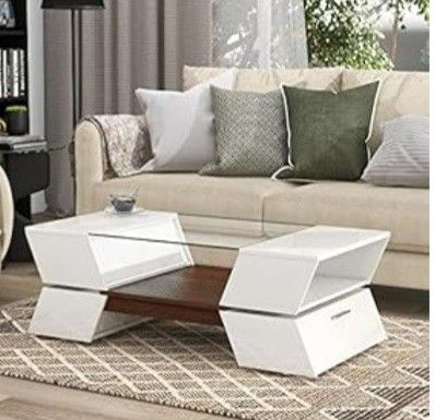 Harper & Bright Designs 6mm Glass-Top Coffee Table with Open Shelves and Cabinets,