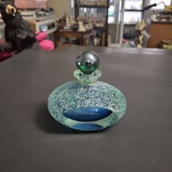 Vintage Art Glass Perfect Bottle, Geode Or Sugar Glass Iridescent Glass Stopper, Encrusted Exterior,Polished Sliced Shows Interior Bottle Blue/Green
