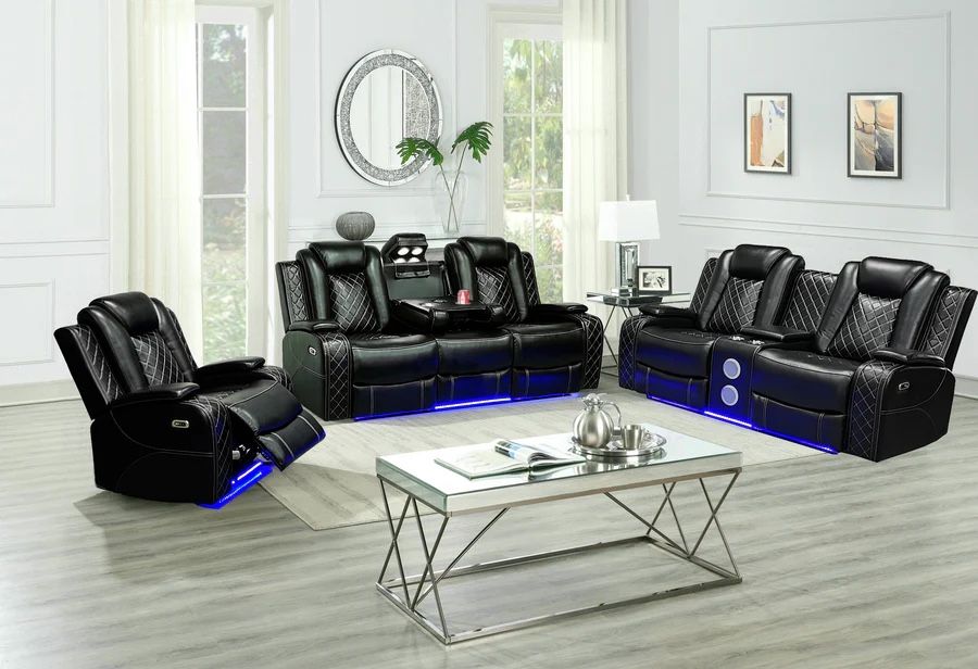 Leather Sofa + Love Seat  + LED Lighting + Bluetooth Speakers + Power Reclining Seats