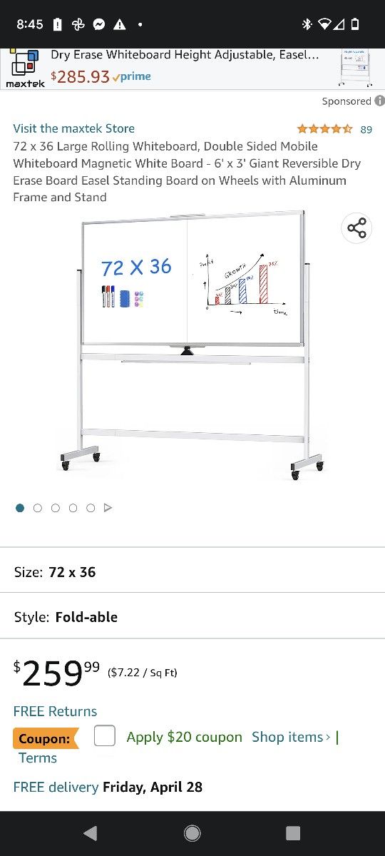 $150 FORAY LARGE ROLLING WHITE BOARD