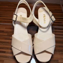  Authentic Prada Nude Patent Wedge Sandals Size 37 (US 7)